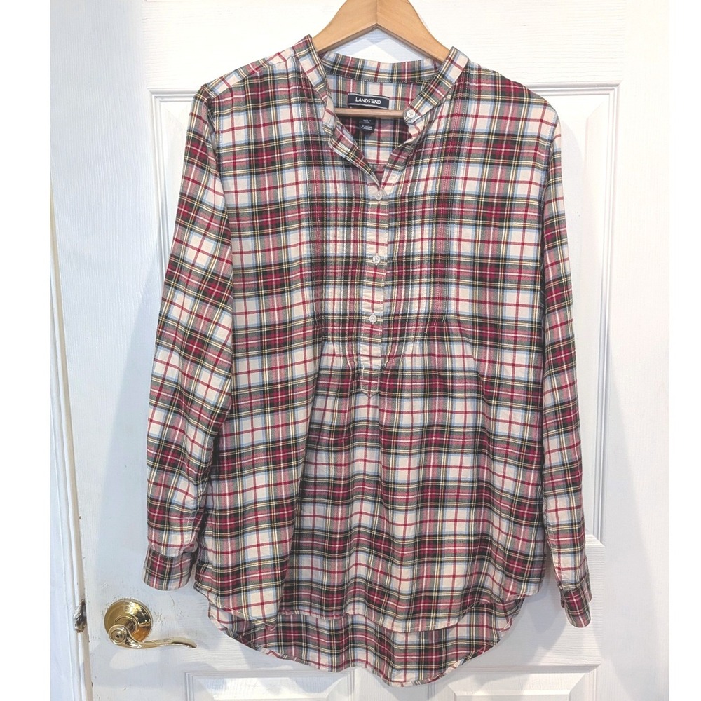 Lands End Plaid Button Front Blouse 16T Red Blue Cotton Tall Preppy Heritage